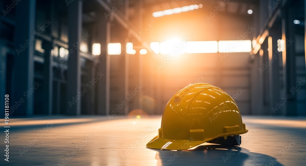 Obraz premium Yellow hard hat sitting on a concrete floor in a large industrial warehouse with bright sunlight shining through