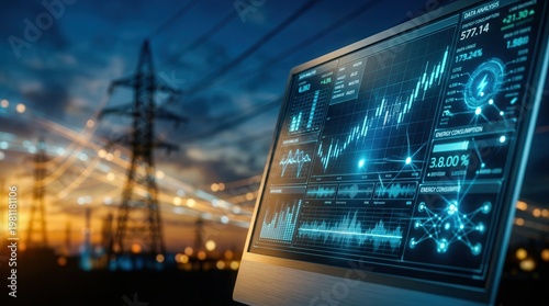 Showcasing energy consumption and market trends, a high-tech power grid interface presents data analysis and price graphs.