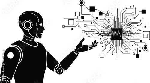 Futuristic depiction of a human robot interface showcasing the integration of technology and consciousness in a digital world