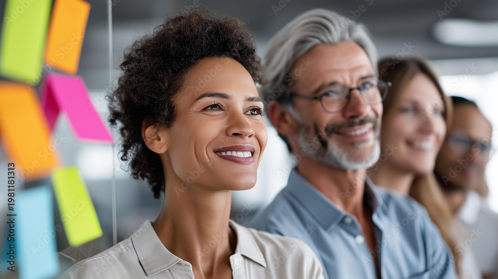 Fototapeta premium Diverse group of business people engaged in a brainstorming session in a modern office, teamwork and innovative thinking concept, defocused background, with copy space