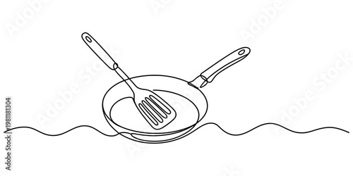 A single line drawing of a frying pan with a spatula resting inside it on a wavy surface line Vector, illustration