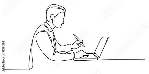 Continuous line drawing of a business professional working diligently on a laptop at a desk Vector, illustration