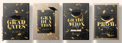 Set of Posters for Graduation Ceremony. Vector flyers with realistic graduation caps, golden confetti and serpentine. Posters for graduation of college, school, university or degree ceremony.