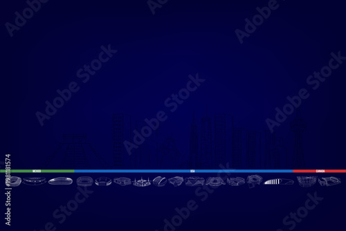 Colorful horizontal timeline with stadium venue icons and city names on dark navy blue background. Football championship 2026 host cities infographic with copy space above.