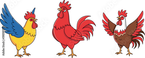 Cartoon Illustrations of Roosters in Various Colors and Poses for Farm, Animal, and Poultry Designs