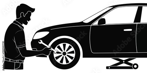 Mechanic lifting car with jack silhouette black auto repair service scene detailed high quality professional isolated illustration