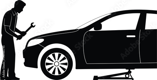 Mechanic using jack to lift car silhouette black vehicle maintenance repair scene detailed high quality professional illustration isolated
