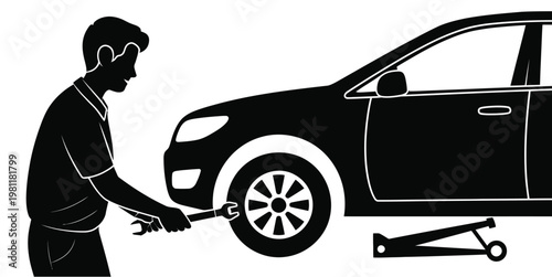 Mechanic lifting automobile with jack silhouette black car repair maintenance service detailed high quality professional isolated design