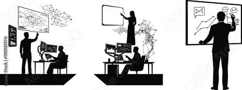 A striking black and white silhouette composition depicting people engaged in creative and intellectual pursuits indoors