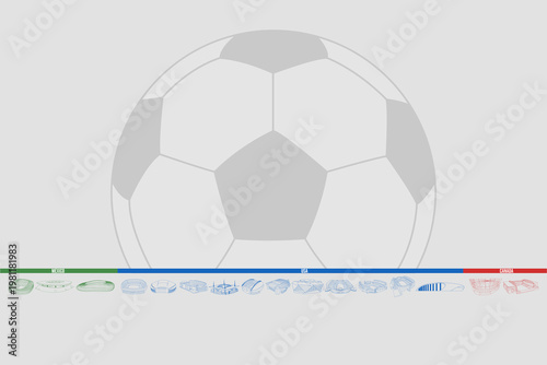 Light grey soccer ball on grey background with colorful host country line and stadium venues listed below. Football tournament 2026 venue map concept illustration.