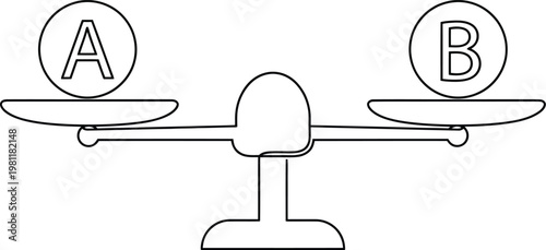 Vector graphic illustration of a balance scale with A and B on plates