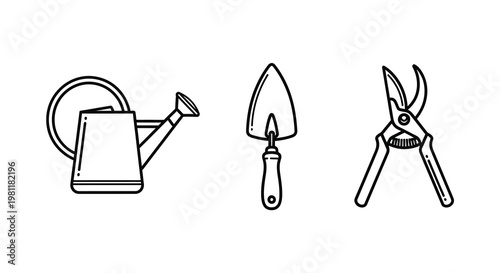Gardening tools including a watering can trowel and pruners silhouette
