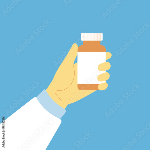 Hand holding orange and white pill bottle against light blue background
