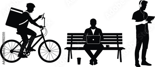 Silhouetted figures depict modern urban life featuring a cyclist a seated person and a business professional