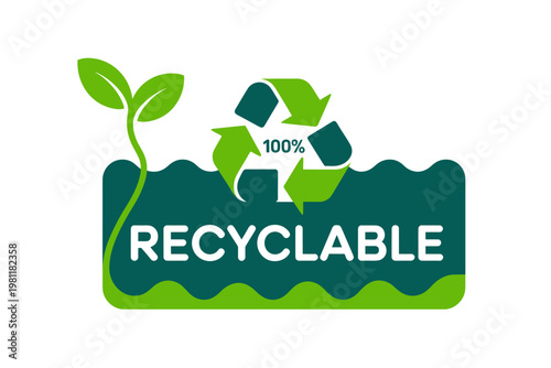 Recyclable product logo featuring green recycling symbol and plant growth