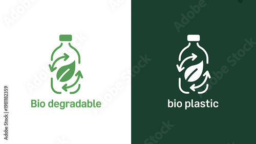 Comparison illustration showing biodegradable and bio plastic bottle recycling symbols