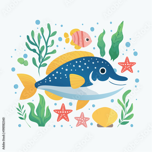 Delightful Underwater World Illustration with a Smiling Fish Amidst Lush Seaweed and Colorful Starfish