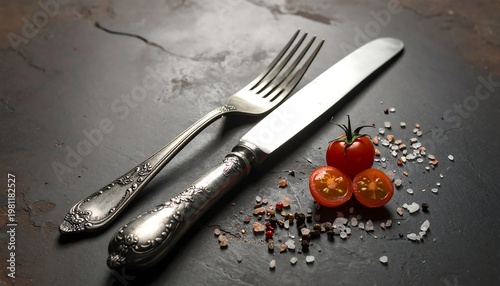 Silver fork & knife rest near a red tomato and spices on a mottled dark surface