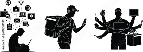 Surreal black and white illustration depicting figures with stacked objects and distorted perspectives creating a dreamlike atmosphere