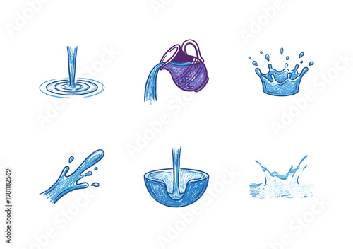 Liquid Splashes and Pouring Milk Stream Elements with Fluid Crayon Pencil Texture and Crayon Colorful Style