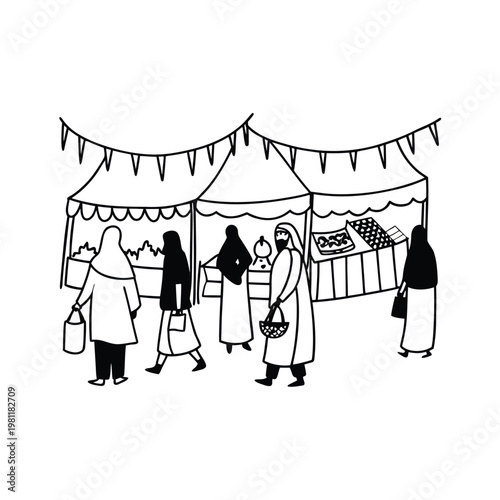 People walking through a bustling outdoor market with tents and stalls, diverse cultural scene.