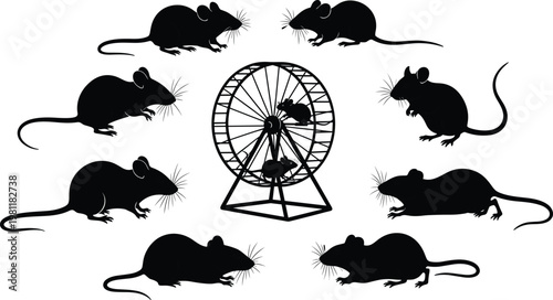 rat silhouettes collection, mouse running wheel, laboratory rodents set, black animal icons, pest control concept, vector illustration isolated design pack