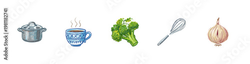 Kitchen Utensils and Healthy Cooking Ingredients with Fluid Crayon Pencil Texture in Crayon Colorful Style