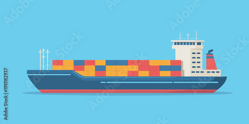 Large cargo ship transporting colorful containers on blue sky background