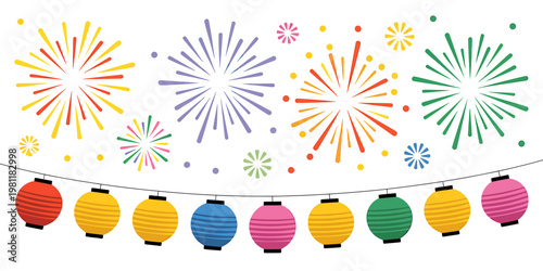 Colorful festive fireworks and Japanese paper lanterns displayed on a string against a clean background