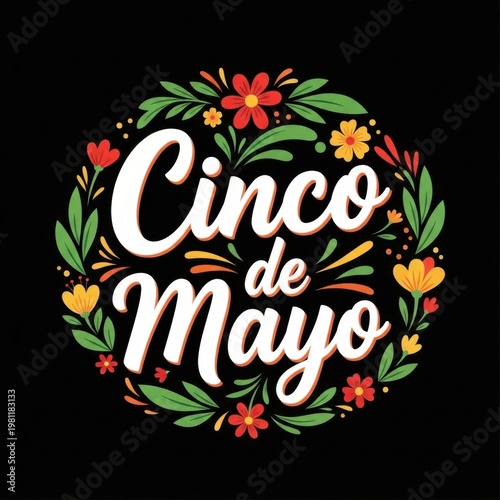 Cinco de mayo elegant design with floral wreath on black background.