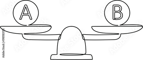 Vector graphic illustration of a balance scale with A and B on plates