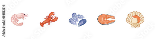 Seafood and Marine Life Culinary Ingredients with Inky Brush Strokes and Crayon Colorful Aesthetic