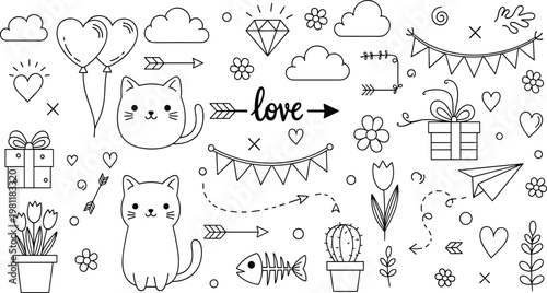 Comprehensive library of hand-drawn line drawings featuring coconut drinks hibiscus flowers and ice cream for seasonal tourism branding