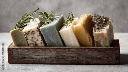 Assorted natural herbal soaps in a wooden box