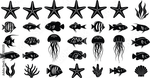 marine life silhouettes set, fish starfish jellyfish seaweed collection, ocean animals icons, underwater nature elements, black vector illustration design pack