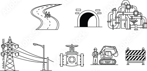 infrastructure icons set, road, tunnel, pipeline system, power line, street light, valve, excavator, construction barrier, engineering utilities collection