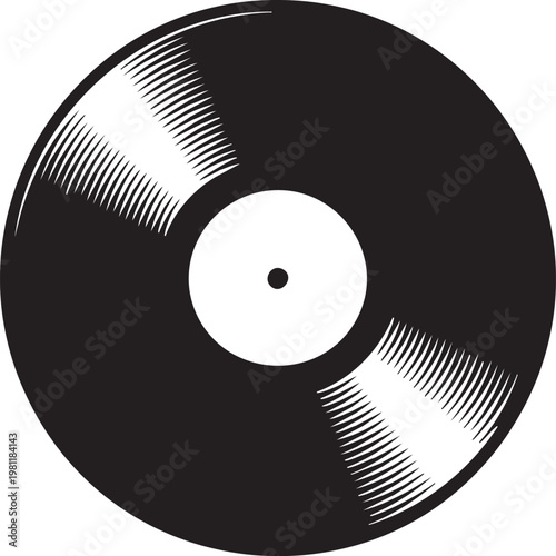 Black vinyl record with white label and grooves on a plain white background