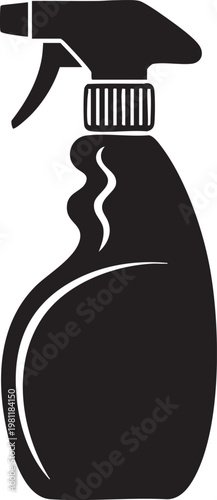Black silhouette of a spray bottle with a nozzle on a white background for graphic design use