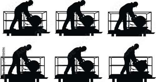 industrial worker silhouettes cutting machine, construction saw operation, manual labor process, factory equipment use, engineering jobsite, safety work, heavy industry