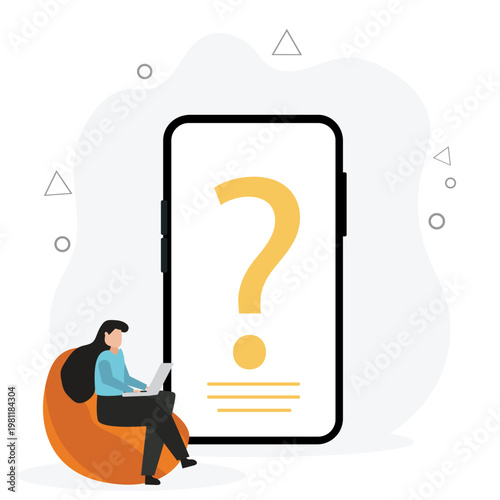FAQ concept. Woman with question mark on mobile phone screen. Customer support and online help service. Frequently asked questions. Vector illustration