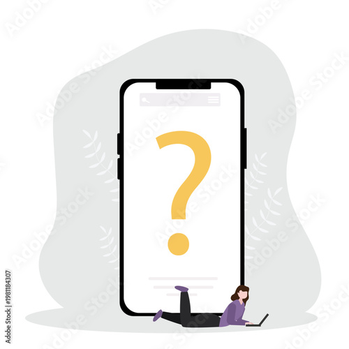 FAQ concept. Woman with question mark on mobile phone screen. Customer support and online help service. Frequently asked questions. Vector illustration