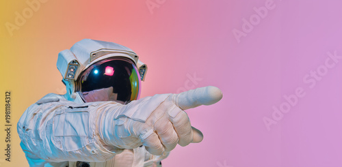 Minimalist astronaut pointing gesture, direction concept with copy space, business communication and guidance visual, clean pastel background
