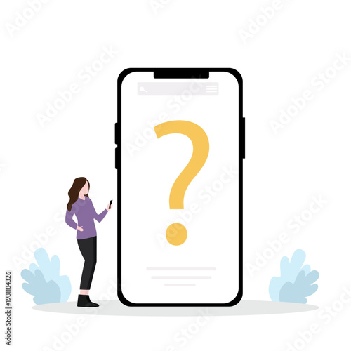 FAQ concept. Woman with question mark on mobile phone screen. Customer support and online help service. Frequently asked questions. Vector illustration