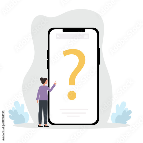 FAQ concept. Woman with question mark on mobile phone screen. Customer support and online help service. Frequently asked questions. Vector illustration