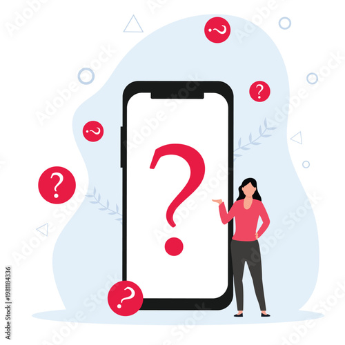 FAQ concept. Woman with question mark on mobile phone screen. Customer support and online help service. Frequently asked questions. Vector illustration