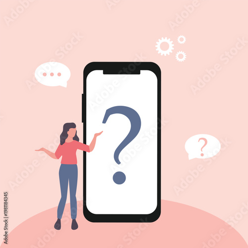 FAQ concept. Woman with question mark on mobile phone screen. Customer support and online help service. Frequently asked questions. Vector illustration