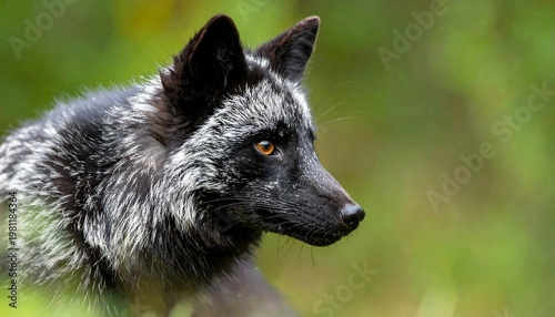 Silver fox with dark fur and keen amber eyes, amidst soft green foliage, captured in a crisp, captivating close-up