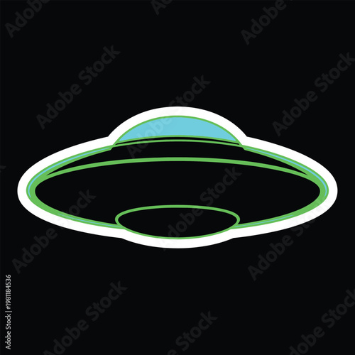 A sleek flying saucer UFO hovers mysteriously on a black background. sticker
