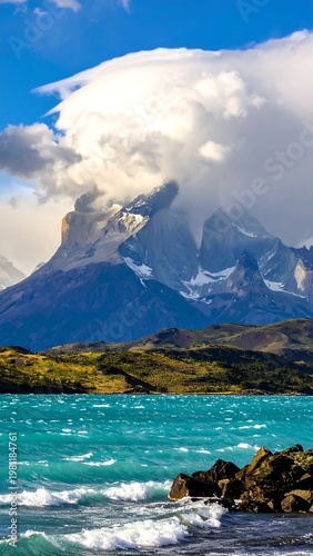 Majestic mountain peaks pierce the sky, cloaked in clouds, reflected in the teal waters of a lake. Rocky shore. Green hills below