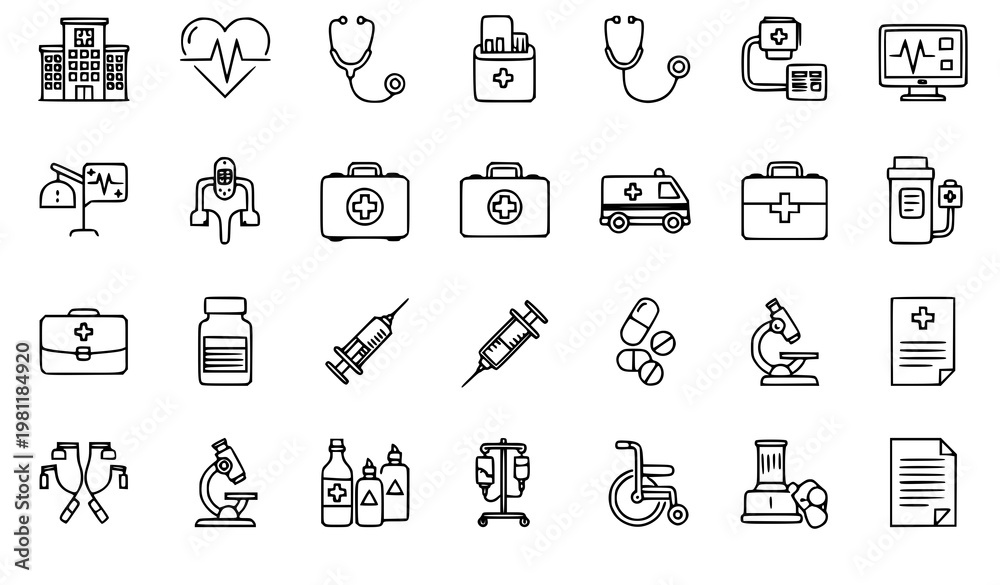 Fototapeta premium A collection of medical icons and symbols in a flat design style